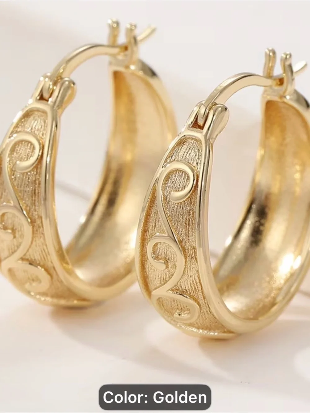 Vintage Golden Textured Scroll Hoop Earrings - Women Jewelry